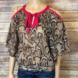 Cache Top size XS Cold Shoulder‎ Blouse Animal Print Semi Sheer Keyhole Pink